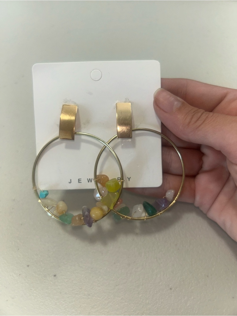 Gold 2” Hoop Earrings with Multicolor Gem Chips - Women Jewelry New